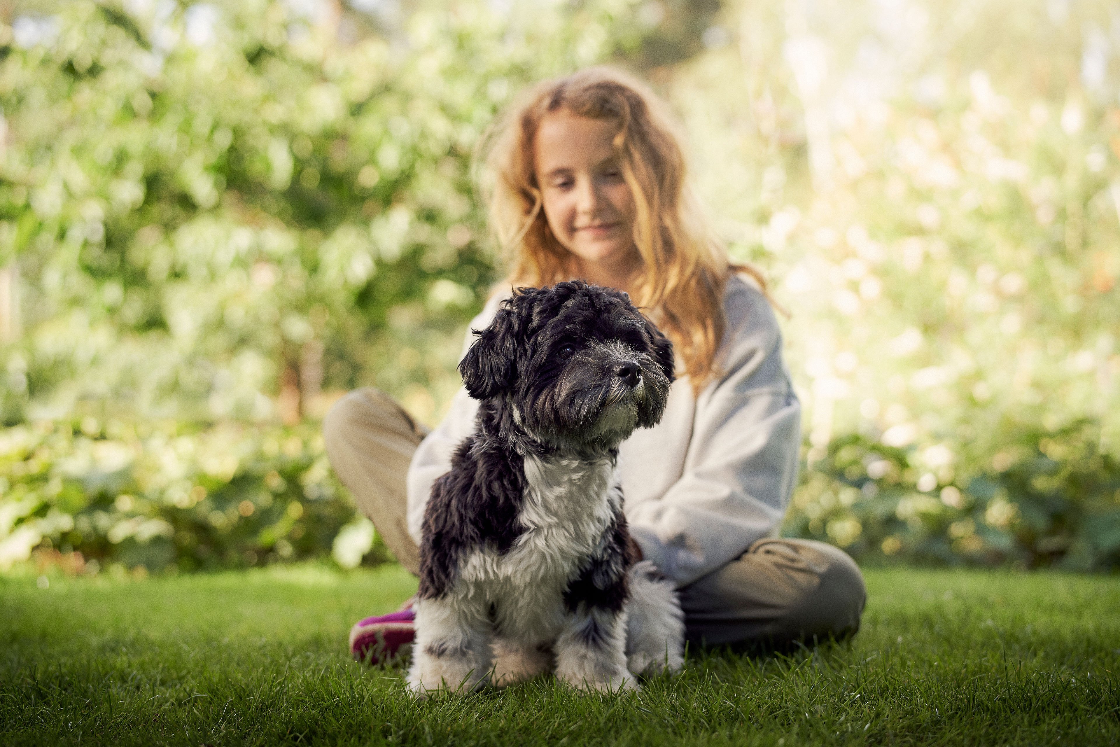 Mädchen mit Hund im Garten